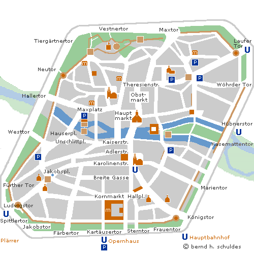 Altstadt Karte der Stadt Nürnberg mit Standort markanter Sehenswürdigkeiten